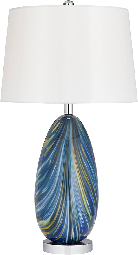 Possini Euro Design Pablo Modern Style 3-Way Table Lamp with Table Top Dimmer 27" Tall Multi Color Blue Art Glass Fabric Drum Shade for Living Room Bedroom Bedside Nightstand Home (Color May Vary)