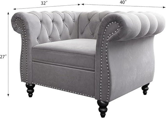 Living Room Chair, Modern Velvet Chesterfield Sofa Chair, Mid Century Single Sofa Couch Chair with Tufted Back and Rolled Arms, Accent Sofa Chair for Living Room Apartment, Grey