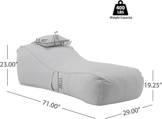 Christopher Knight Home Morton Outdoor Bean Bag Chair, Fabric Bean Bag Chair for Adults and Kids, Indoor/Outdoor Sun Lounger with Headrest, Patio Chaise Lounge Chair, Light Gray