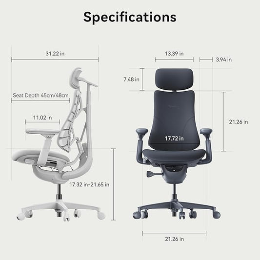 LiberNovo Dynamic Ergonomic Office Chair - Comfy Adjustable Desk Chair with Adaptive Lumbar Support, 160° Recline & Built-in Spine Stretch for Back Comfort, Home Office Long Hours Use, Black+48cm