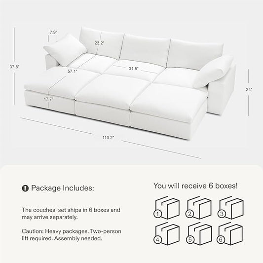 Modular Cloud Sofa, 110.2" Cloud Sectional Couches with Deep Seat, L-Shape 3-Seat Couch with Ottoman for Living Room, Modern Comfy Couch with Washable Cover, Wide Armrest (White,3 Ottomans)