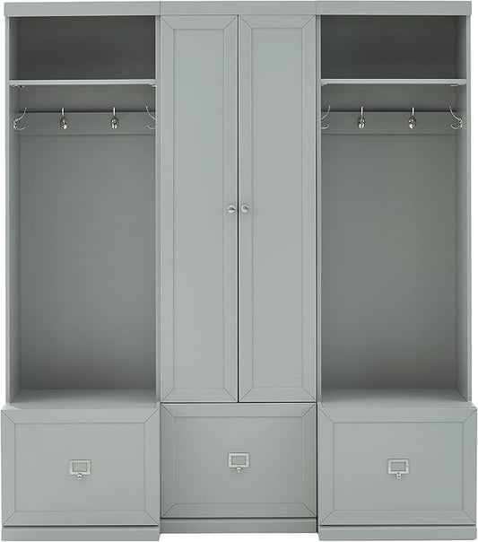 Crosley Furniture Harper 3-Piece Hall Tree and Storage Cabinet Set with Entryway Bench and Hooks for Hanging, Gray