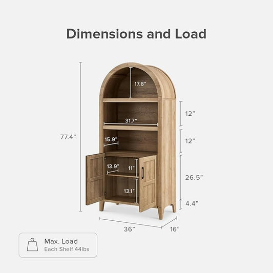 mopio Lauren 77.4" Tall Arched Cabinet, 5-Tier Arched Bookcase with Doors and Adjustable Shelves, Arch Bookshelf with Storage, Wooden Storage Cabinet for Living Room and Kitchen Pantry (Oak)