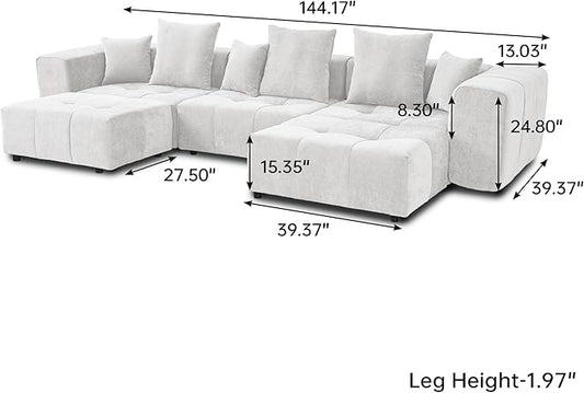 JACH 144.1 Inch U-Shaped Modular Sofa, Mid Century Modern Deep Seat Sectional Couch, 3-Seater Sofas with Chaise Ottomans for Living Room, Cozy Sofas for Apartment, Living Room (Linen Fabric, White)