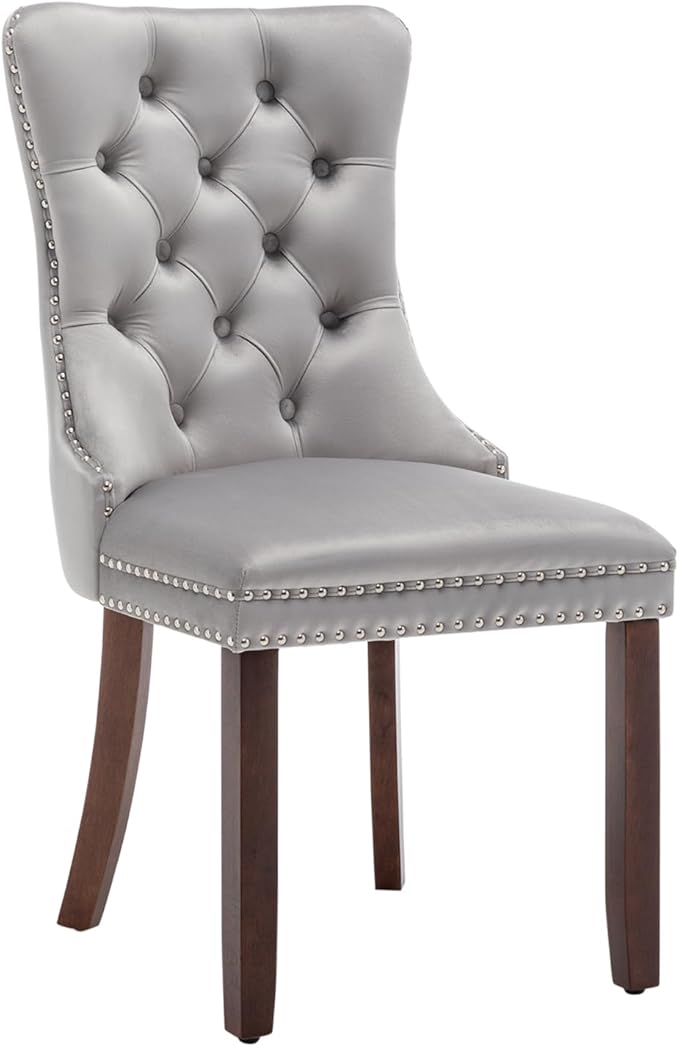Velvet Dining Chairs Set of 6, Tufted Dining Room Chairs with Nailhead Ring Pull Trim, Upholstered Dining Chairs with Solid Wood Legs for Kitchen Dining Room (Light Grey)
