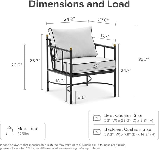 mopio Odelia Patio Chairs Set of 2, Outdoor Chair with Removable Cushions and Rust Free Metal Frame, Conversation Sets for Front Porch, Balcony, Apartments, Yard, Bistro (Lounge Chair x2, Offwhite)