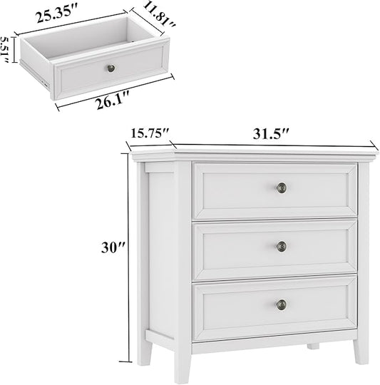 Farmhouse White 3-Drawer Dresser for Bedroom - 31.5" Wide 3 Chest of Drawers Storage Organizer Cabinet as Nightstand or Bedside Dresser
