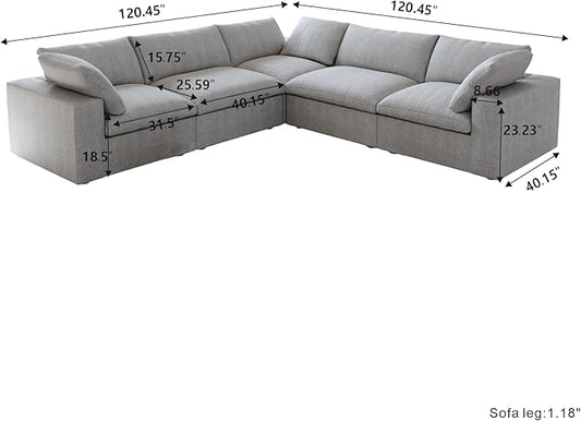 Cloud Couch Modular Sectional Sofa,160.6" Down Filled 5 Seater Convertible Sectional Sofas,V Shaped Couch for Living Room,Covers Washable&Replaceable-Gray