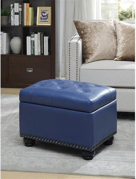Convenience Concepts Designs4Comfort 5th Avenue Upholstered Storage Ottoman 24" - Contemporary Foot Stool and Seat with Hinged Lid for Living Room, Dining Room, Office, Den, Blue Faux Leather