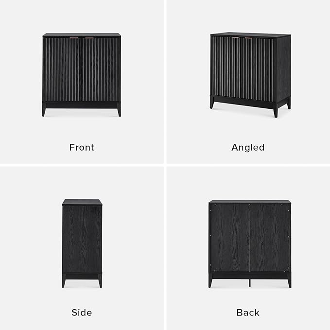 mopio Brooklyn Storage Cabinet, Modern Farmhouse Entryway Accent Case, Buffet Sideboard, Console Table, Credenza, Wood Modular Organizer with Doors & Shelf, Fluted Panel Cupboard (Black, Set of 2)