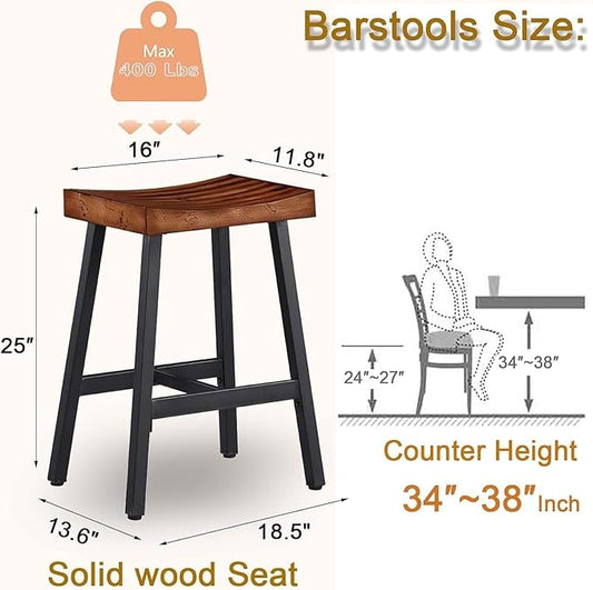OUllUO Bar Stools Set of 4, Backless Saddle Barstools, 25" Counter Height Bar Stools, Solid Wood Counter Stools with Metal Frame, 521P-BBWD4