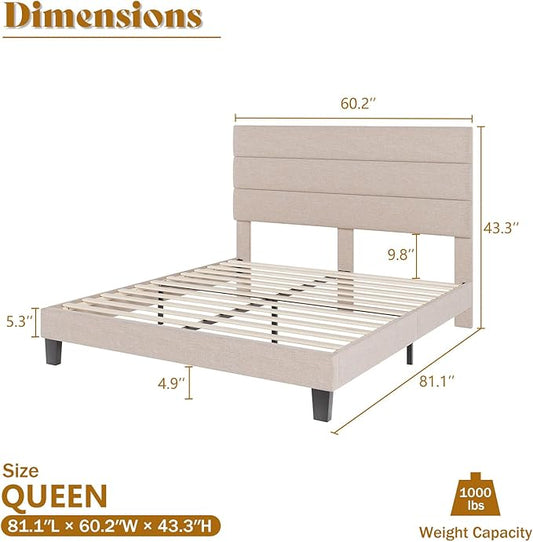 AMERLIFE Queen Size Bed Frame with Linen Upholstered Headboard, Modern Platform Bed with Wooden Slats Support, Noise-Free, No Box Spring Needed, Easy Assembly, Beige