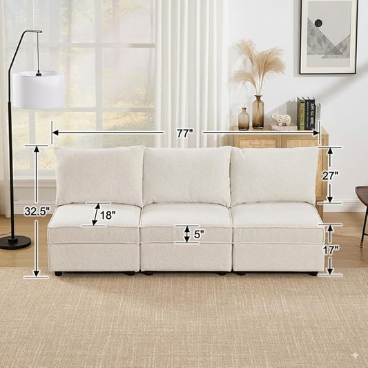 Armless Oversized Modular Sectional Convertible Fabric Sofa Set, Extra Large Sectional Deep Seat Couch for Living Room,77 inch Width,3 Seat Modern Modular Sofas, Pull Out Home Sofa, Chenille Beige