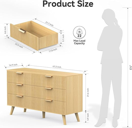 Boho Fluted 6 Drawer Dresser for Bedroom, Chest of Drawers with Solid Wood Legs, Modern Dresser Chest Cabinet Organizer with Golden Handles, Beside Table for Closet, Hallway, Bedroom