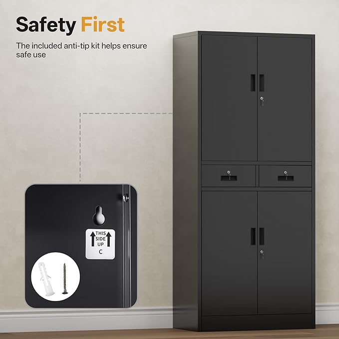Metal Storage Cabinet,71" Garage Storage Cabinet with 2 Locking Drawer and 4 Adjustable Shelves ,Black Tool Cabinet,Lockable File Steel Cabinet for Home, Office, Gym, School.