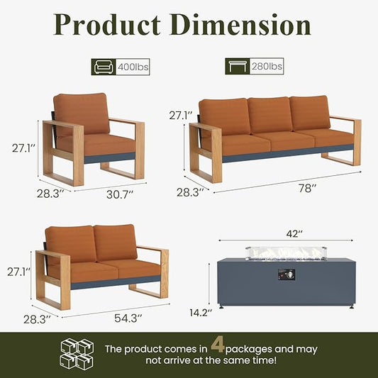 LayinSun 5 Pieces Aluminum Patio Furniture Set with Fire Pit Table, Oversized Seat with Hight Back, Outdoor Conversation Sets for Porch, Balcony, Deck