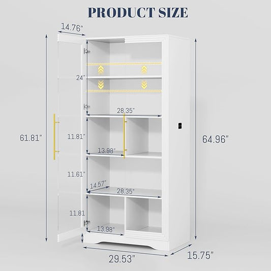 Vlsrka 65" File Cabinet, Filing Cabinets Fit Letter/A4 Size, Storage Cabinet with Doors & Lights, Tall File Bookcase with 2 Adjustable Shelves for Home Office, Living Room, White