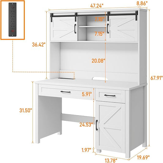 Farmhouse 47" Executive Computer Desk with 2 Drawers and Storage Cabinet, Home Office Desk with Hutch and Charging Station, Workspace for Work and Study (Cream White).