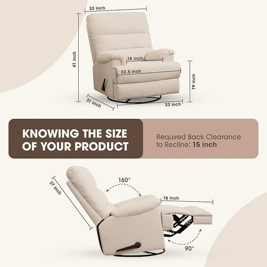 Large Glider Rocker Recliner,Beige Swivel Rocking Recliner Chair,Reclining Sofa Rocking Chair Nursery,23 Inches Deep Seat & 27 inches High Back,for Living Room, Bed Room (Beige)