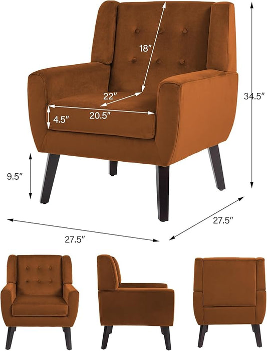 Accent Chair, Modern Velvet Arm Chair for Living Room, Bedroom, Comfy High-Resilient Sponge Reading Chair for Small Spaces-Velvet Orange, Set of 1