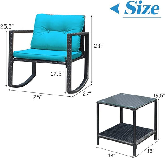 COSTWAY 3 Pieces Patio Rattan Rocking Chair Set, Outdoor Conversation Furniture Sets with Coffee Table, Storage Shelf and Cushions, Modern Bistro Set for Porch, Backyard, Garden, Turquoise
