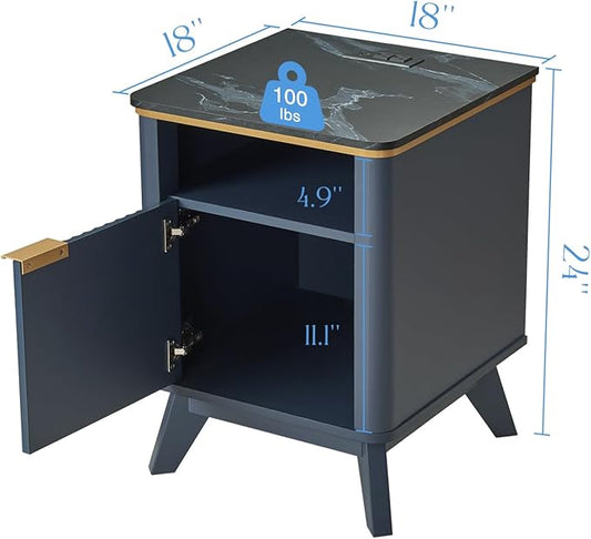 QUW Fluted Nightstands with Charging Station, 18" Modern Side Table, Wooden Bedside Table with Faux Marble Top, Open Storage, Cabinet, End Table for Bedroom, Living Room, Navy Blue