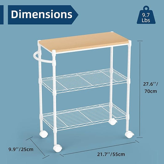 Whitmor 3 Tier Rolling Kitchen Cart,27.6"x10"x21.7”Heavy Duty Metal Storage Cart with Wheels, Adjustable Shelves, Lockable Utility Cart with Wood Top & Portable Handle for Indoor & Outdoor Use, White