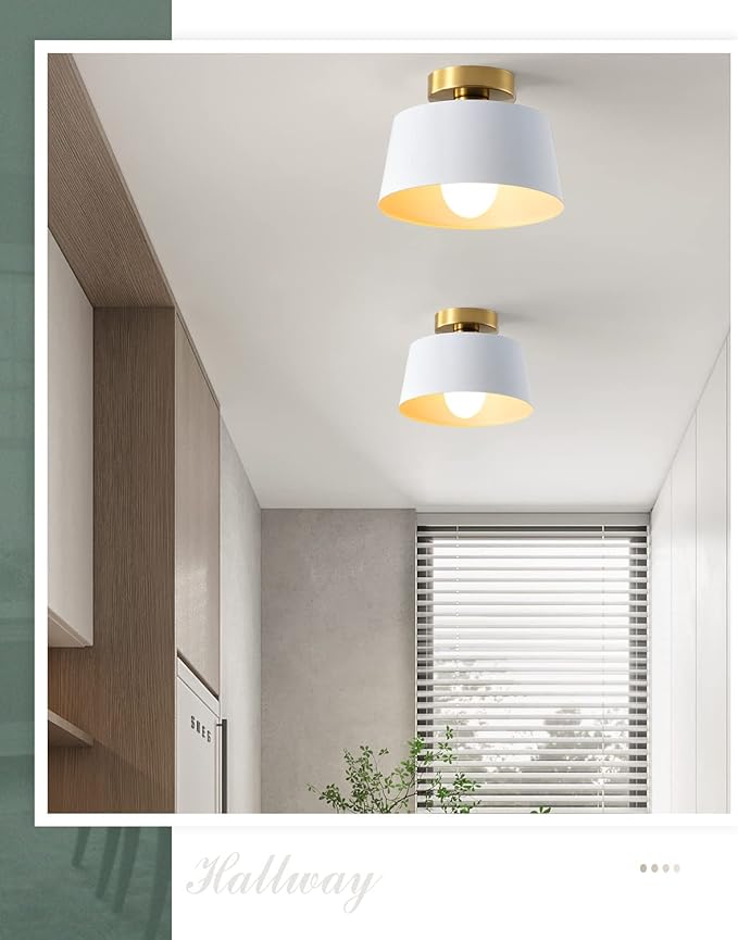 Ceiling Light Fixture, Hallway Ceiling Light with Gold Plate and Matte Black Shade, Modern Simple Style Porch Light Fixtures Semi Flush Mount (White)