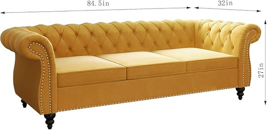 Chesterfield 3 Seater Sofa, Modern Velvet Tufted Couch 3 Seater with Rolled Arms and Nailhead Mid-Century Upholstered Couch for Living Room, Bedroom, Apartment and Office, Yellow