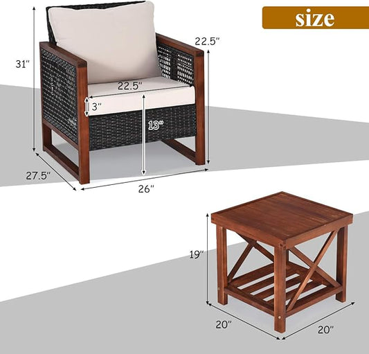 COSTWAY 3 Pieces Wicker Patio Furniture Set, Outdoor Wicker Sofa with Acacia Wood Frame, Coffee Table & Washable Cushions, Rattan Conversation Sets for Yard, Porch, Bistro, Balcony, Backyard, Beige