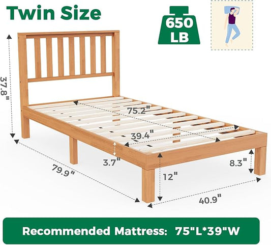 DELAVIN Twin Bed Frame with Headboard, Malaysian Oak Wood Platform Bed Frame, Farmhouse Bed Frame with 12 Wooden Slats Support, No Box Spring Needed, Easy Assembly, Twin, Rustic Pine