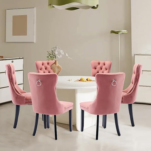 Velvet Upholstered Dining Chairs Set of 8, Modern Style Kitchen Side Chairs with Nailhead Trim and Wood Legs,Metal Pulling Ring for Dining Room Living Room(Pink)
