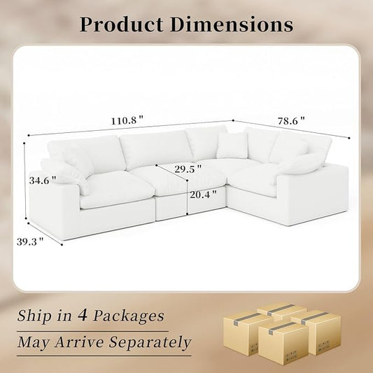 Modular Sectional Sofa Cloud Couch,Down Filled Comfy Cloud Modern Sofa,White Linen Oversized Couch Cushion Covers Removable for Living Room