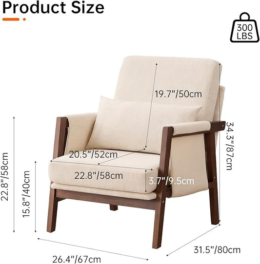 Accent Chair Mid-Century Modern with Lumbar Support Pillow, Upholstered Living Room Chairs with Wooden, Chenille Armchair with Cushion, Anthropologie Side Chair for Bedroom, Beige