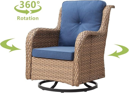 HUMMUH 3-Piece Swivel Rocking Rattan Chair Outdoor, Patio Bistro Furniture Conversation Set, Cushioned Wicker Chair with Glass Coffee Table(Yellow,Blue)