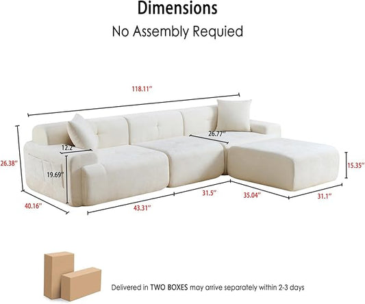 LIDYUK 118" Modern L-Shaped Boneless Couch Modular Sectional Sofa for Living Room, Chenille Upholstery Beige, Oversized 3-Seater Sectional Couch with Deep Seat and Movable Ottoman, No Assembly