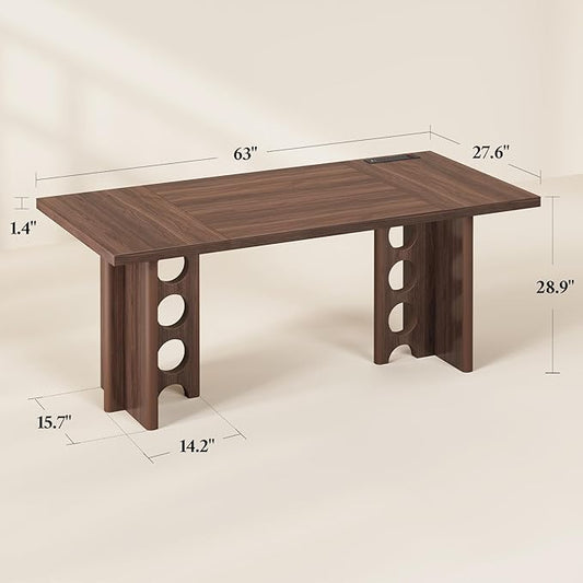 63 Inch Executive Desk, Large Computer Office Desks with Power Outlet, Modern Laptop Desk Writing Table Workstation Business Furniture (Brown)