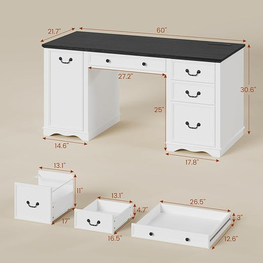 60'' Farmhouse Executive Desk with Drawers, Home Office Desk with Power Outlet & Keyboard Tray, Wood Computer Desk with File Drawer & Slide-Out Storage Shelves, Writing Desk for Work, White
