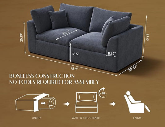 78.9" Loveseat Sofa, Cloud Boneless Couches for Living Room, Modern Modular Sectional Sofa, Oversized, Grey