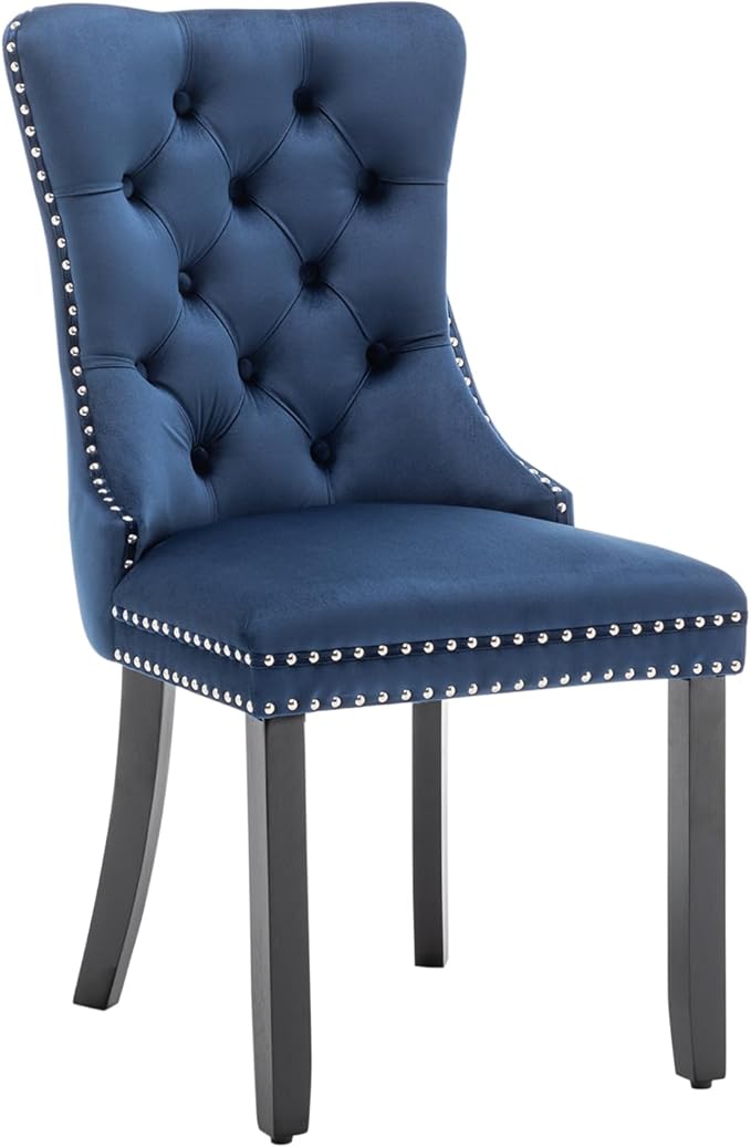 Velvet Dining Chairs Set of 4, Upholstered Dining Room Chairs with Nailhead Ring Pull Trim, Button Tufted Wing Back Chairs for Dining with Solid Wood Legs for Kitchen Dining Room(Blue)