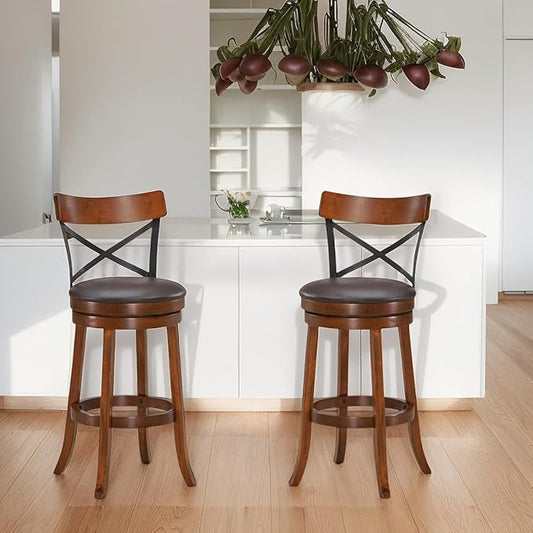 ERGOMASTER Swivel Bar Stools Set of 4 with PU Cushion and Solid Cappuccino Rubberwood Barstool for Kitchen Island Counter, Pub - 29 Inch Height