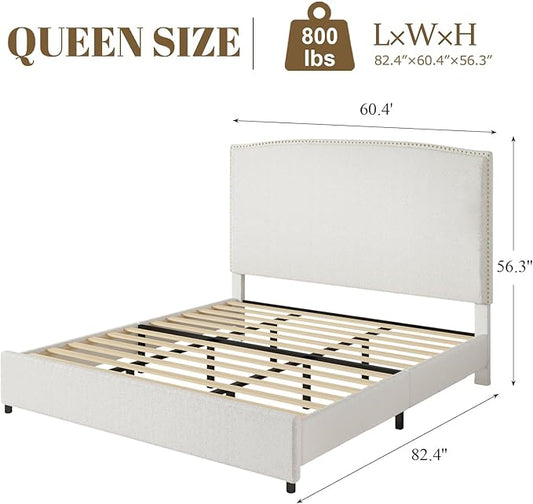 Queen Size Bed Frame with Headboard, 56" Upholstered Platform Bed with Nailhead Trim, Soft Boucle Fabric, No Box Spring Needed, Easy Assembly, White