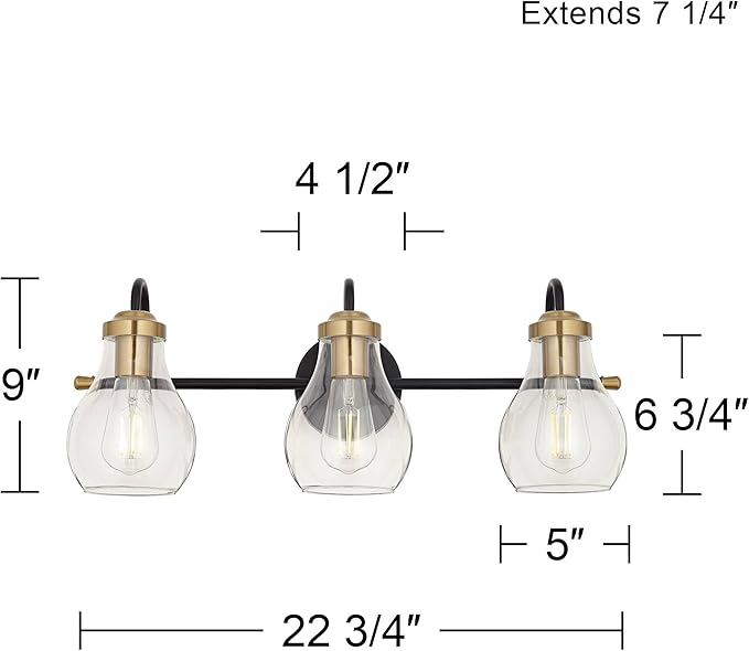 Possini Euro Design Brade Industrial Modern Wall Light Black Gold Hardwired 22 3/4" 3-Light Fixture Clear Glass Shades for Bedroom Bathroom Vanity Reading Living Room Hallway House Home Decor