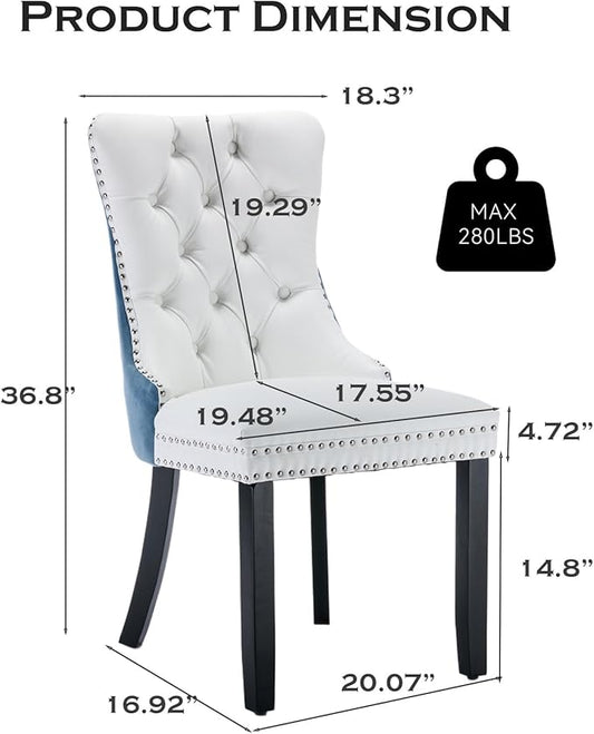 Leather Upholstered Dining Chairs Set of 4, Modern Style Kitchen Side Chairs with Nailhead Trim and Wood Leg, Metal Pulling Ring for Dining Room Living Room(White&Blue,Set of 4)