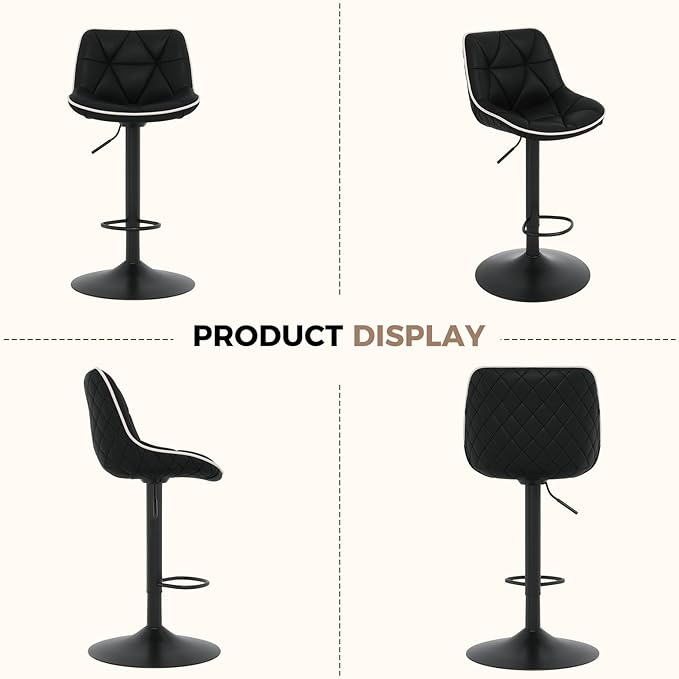 Nalupatio Bar Stools Set of 4, Adjustable Swivel Counter Height Bar Stools with Back, Armless Modern Barstools for Kitchen Island & Home Bar, Upholstered Seat,(Black)