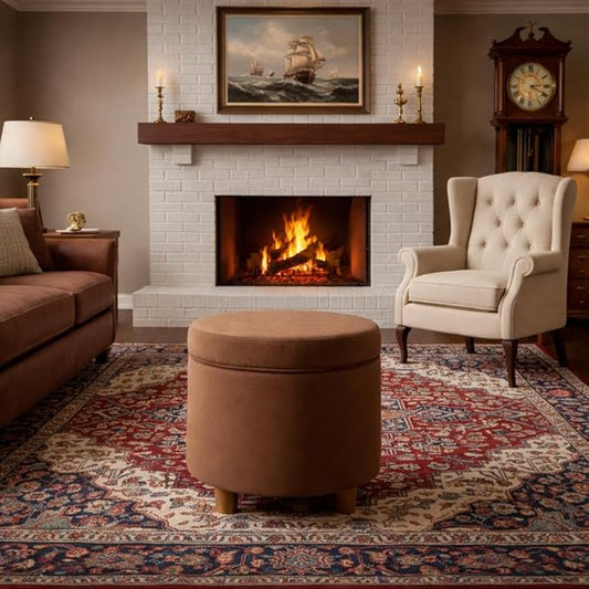 HomePop Home Decor | Upholstered Round Storage Ottoman | Ottoman with Storage for Living Room & Bedroom, Spice Orange Velvet Large