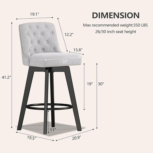 MINCETA Bar Stool, 30 Inch Upholstered Barstool with Low Tufted Back and Footrest, Swivel Counter Height Barstool for Kitchen Island Home Bar Performance Fabric Greige