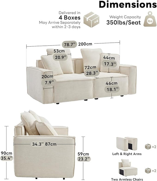 WILLOVE Modular Sectional Sofa Set, Chenille Cloud Couch with Wide Armrests & 8 Pillows, Deep Seat Couches for Living Room, 4-Seater Beige