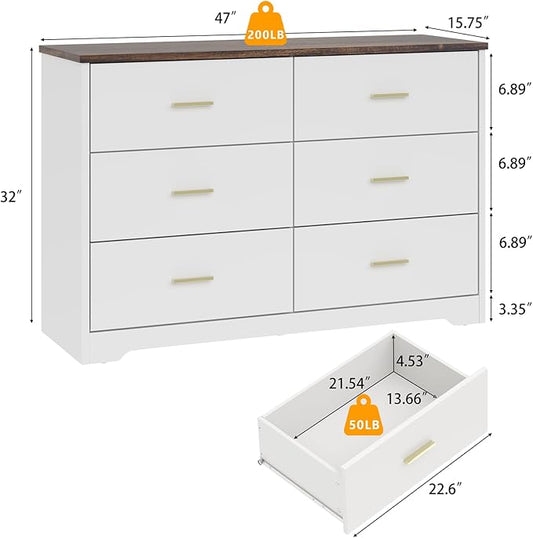 LIDYUK White Dresser for Bedroom, 6 Drawer Dressers & Chests of Drawers, Modern Wood Dresser, 48 Inches Wide Chest of Drawers for Bedroom, Hallway, Living Room