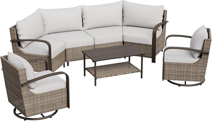 COOS BAY Aurora Terrace Half-Moon Outdoor Furniture Set, Rattan Conversation Set with Swivel Rockers, Curved 4-Seat Sofa, Coffee Table, Seats 6, Beige/Beige